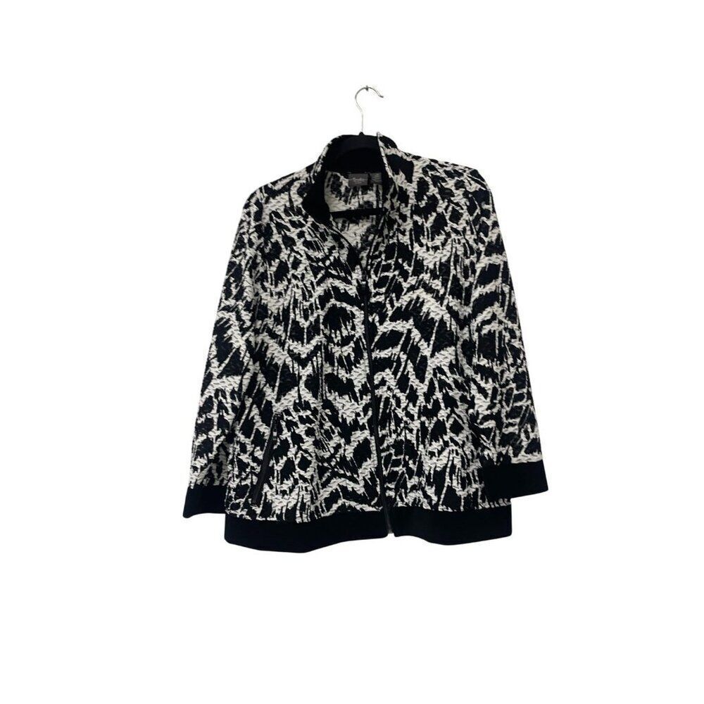 Chico's Travelers Collection Womens Jacket Size 2 M Black White Abstract Zip